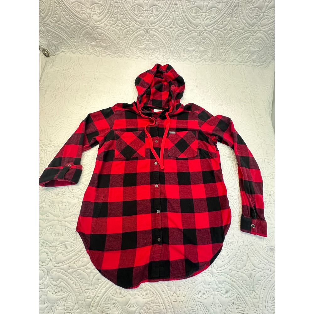 Columbia Womens Red Black Buffalo Plaid Hooded Flannel Shirt Medium AL1437